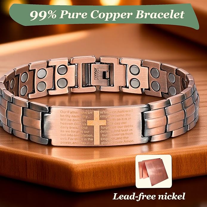 99% Copper Cross Bracelet for Men with Ultra Strength Magnets, Adjustable Magnetic Bracelet with Sizing Tool Jewelry Box