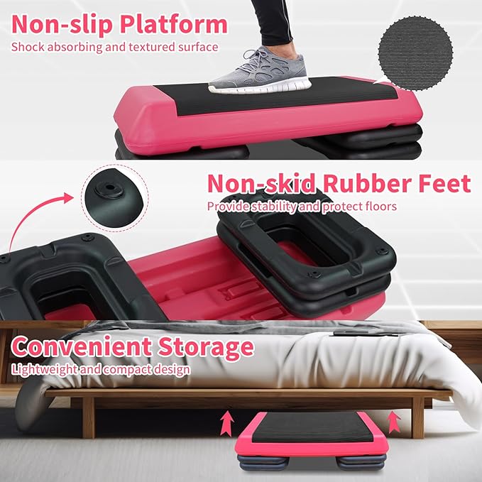 Adjustable Aerobic Stepper Workout Step with 4 Risers Fitness & Exercise Platform Trainer