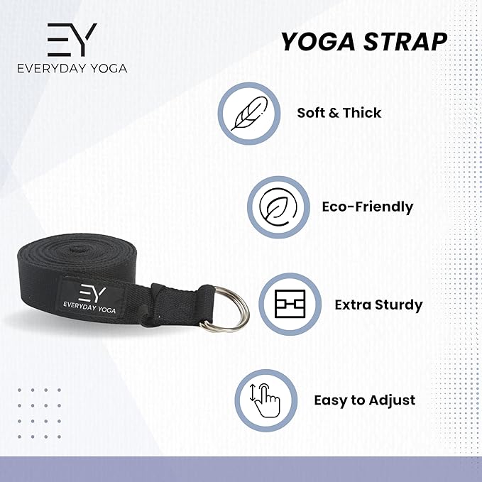 Everyday Yoga Strap with Metal D-Ring - Durable Stretching Strap for Yoga, Pilates, Flexibility & Physical Therapy (6ft, 8ft, 10ft)