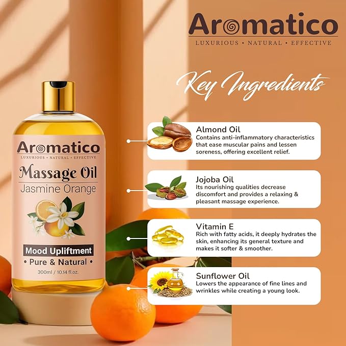 Massage Oil with Jasmine & Orange Essential Oils – Infused with Sesame, Almond & Jojoba Oils – Full Body Massage Oil for Relaxation – for Men & Women – 10 Fl Oz