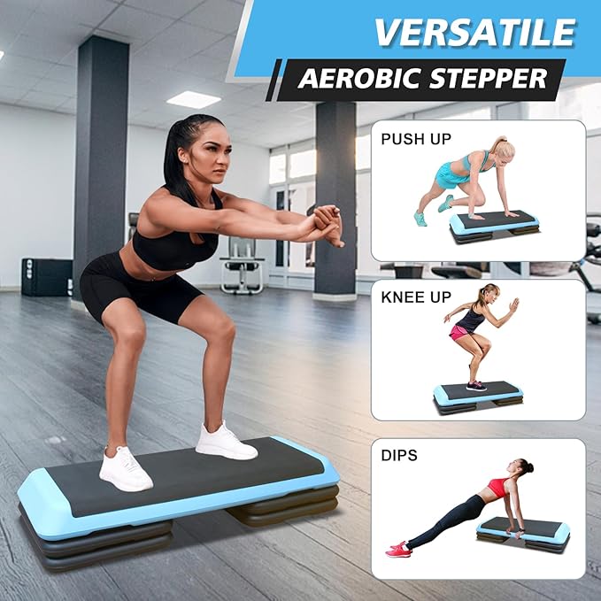 43''Inch Adjustable Aerobic Exercise Step Platform with 4 Stackable Risers - Home Gym Fitness Stepper for Cardio, Strength Training