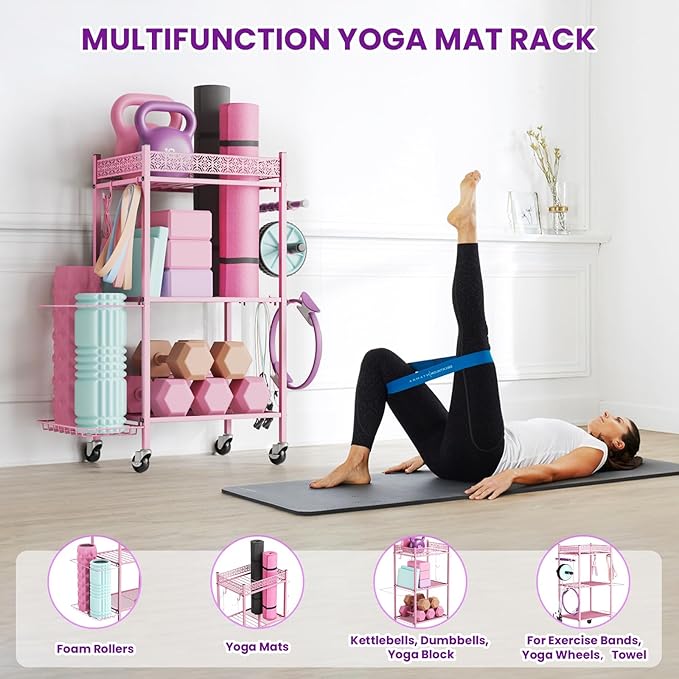Yoga Mat Storage Rack, Home Gym Storage Rack, VOPEAK Workout Storage for Yoga Mat, Foam Roller, Gym Organizer Gym Equipment Storage for Home Exercise and Fitness Gear