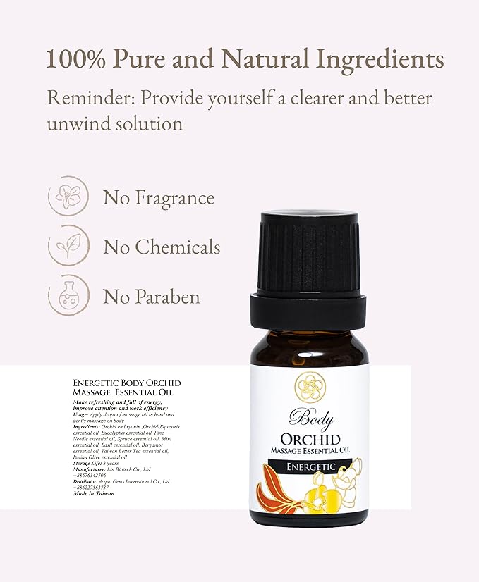100% Organic Essential Oil Blend for Massage, Home Care, Aromatherapy, Natural Ingredients - Orchid, Bergamot, Pine Needle, Peppermint, 10ML