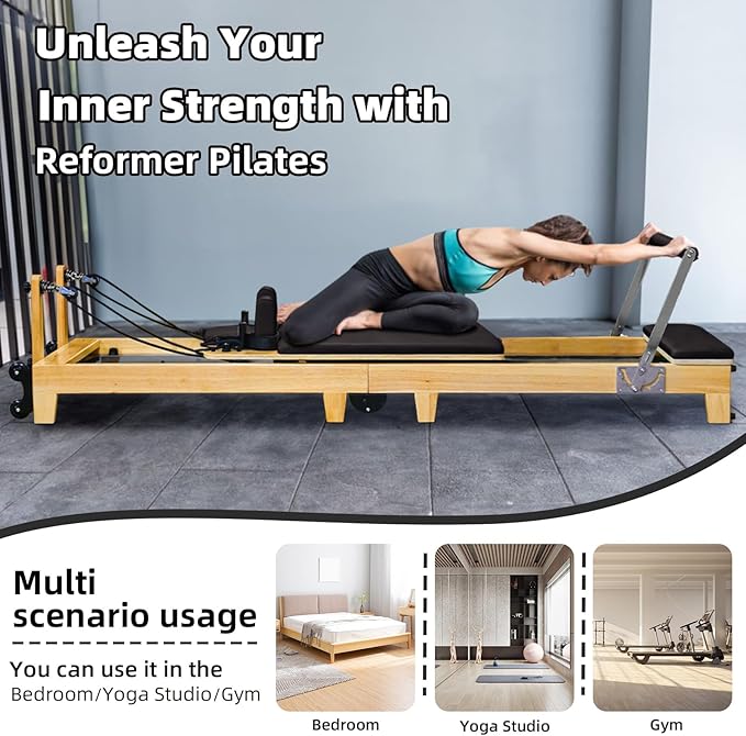 Foldable Pilates Reformer & Equipment for Home use One-Piece Rubber Wood Foldable Reformer Pilates Machine, Pilates Bed for Studio Home Gym Yoga Workout Mute Pilates Chair( Black)