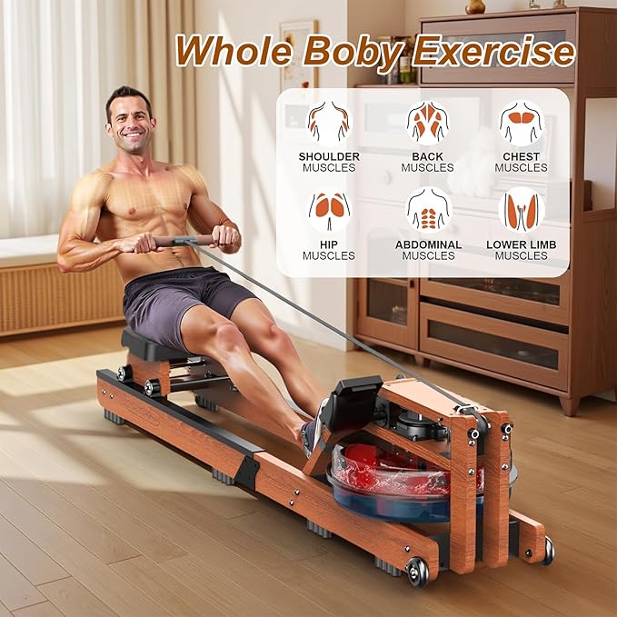 Water Rowing Machine for Home Use- Foldable Rower Machine 400LBS Weight Capacity with Dedicated Monitor & Comfortable Seat, Bluetooth APP