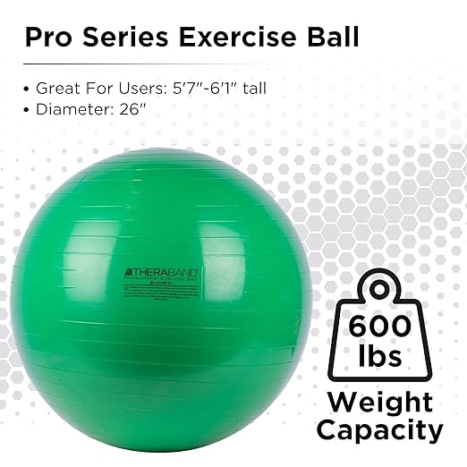 THERABAND Exercise Ball, Stability Ball with 65 cm Diameter for Athletes 5'7" to 6'1" Tall, Standard Fitness Ball for Posture, Balance, Yoga, Pilates, Core, & Rehab, Green