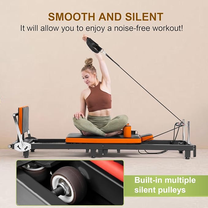 Pilates Reformer, Foldable Pilates Machine for Home Use and Gym Workout, Suitable for Advanced and Beginners Users,Pilates Equipment with Sitting Box, Jump Board ,Up to 500 LBS