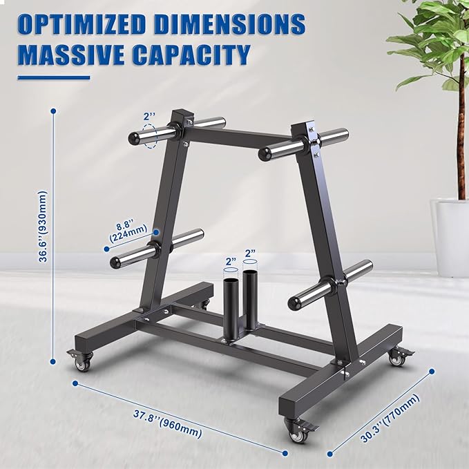 Kipika Weight Plate Tree Rack, Weight Holder for 2 inch Olympic Weight Plate & 2 Barbell Holders, Heavy Duty Bumper Plate Storage Organizer for Home Gym with Optional Wheels