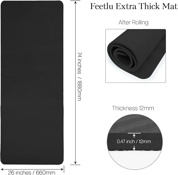 Extra Thick 12mm Exercise Mat – Non-Slip, Joint-Friendly & Cushioned Fitness Mat for Yoga, Pilates & Floor Workouts – Durable, Supportive & Includes Feetlu Classic Strap