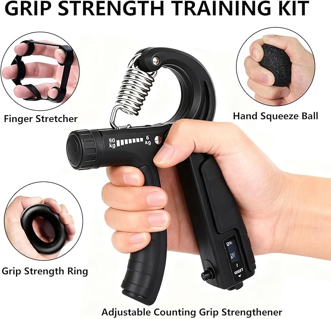 Grip Strength Trainer, Hand Gripper Strengthener Set 5-Pack: Adjustable Hand Gripper (2-Pack) with Click Counter, Finger Stretcher ，Stress Relief Grip Ball& Grip Ring 11-132 lbs Forearm Strengthener for Athletes, Rock Climbing, forearm strengthener