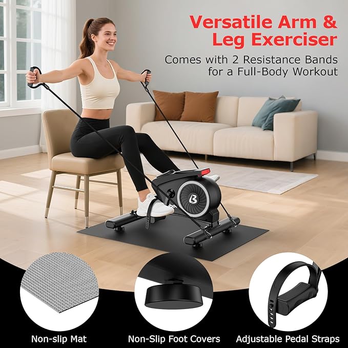 pooboo Under Desk Bike Pedal Exerciser, Quiet Magnetic Mini Exercise Bike with 16 Resistance Levels, Arm & Leg Workout, Resistance Bands & Non-Slip Mat for Home Office Therapy