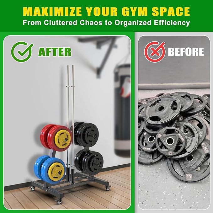 SELEWARE Olympic Weight Plate Tree Rack with 8 Weight Pegs & 2 Barbell Holders, Heavy-Duty Steel Gym Storage Organizer with Locking Wheels for 2 Inch Olympic Plates & Bars