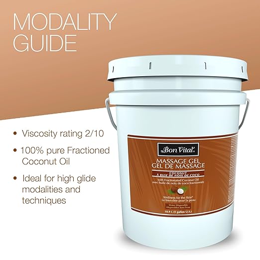 Bon Vital' Coconut Massage Gel, 5 Gallon, Lightweight Formula with Pure Fractionated Coconut Oil, Professional Therapy Lotion, Hydrating and Unscented