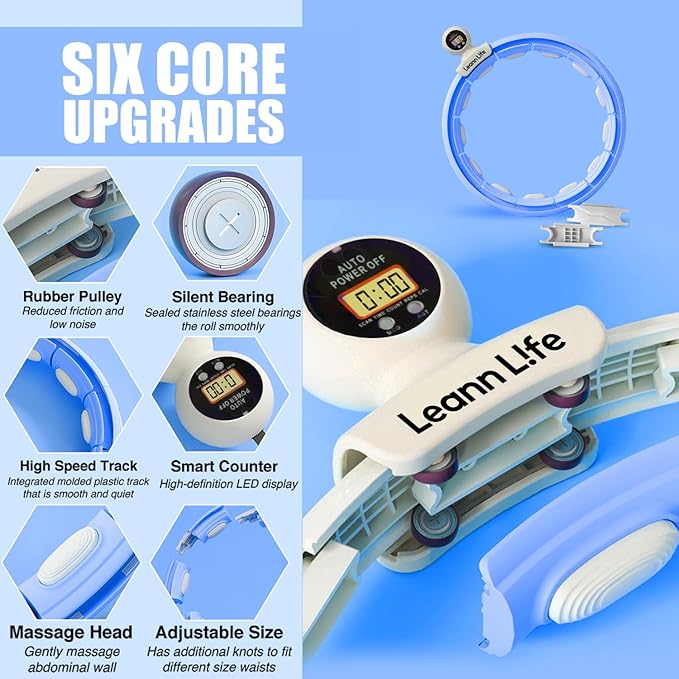 U5 Smart Weighted Hula Hoop with Counter & Waist Trimmer – 16 Knots, 28"–46" Adjustable Infinity Hoop Plus Size, Quiet Rubberized Wheels, Ab Workout Fitness, Weight Loss, Abdominal Toner