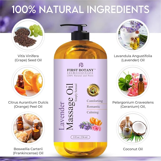 First Botany, Lavender Massage Oil for Couples, 100% Natural Full Body Massage Lotion & Massager, Ideal for use in Aromatic, Relaxing, Sensational Massage & for Aromatherapy for Men & Women, 8 fl oz