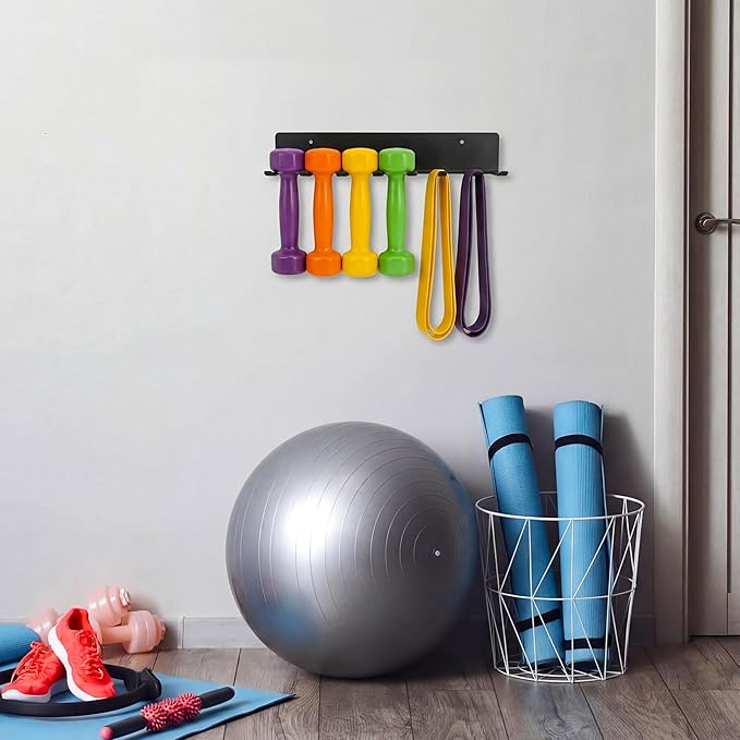 Sintuff Wall Mounted Dumbbell Rack, Heavy Duty Metal Home Gym Storage Organizer, 6 Dumbbell Slots and 2 Side Hooks, Holds Exercise Bands, Jump Ropes, Lifting Belts & Workout Accessories, Black