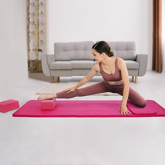 BalanceFrom 71x24 Inches Yoga Mat with Knee Pad and Optional Blocks – Extra 1-Inch Thick Non-Slip Foam with Anti-Tear Surface and Carrying Strap for Home, Studio, or Gym Workouts