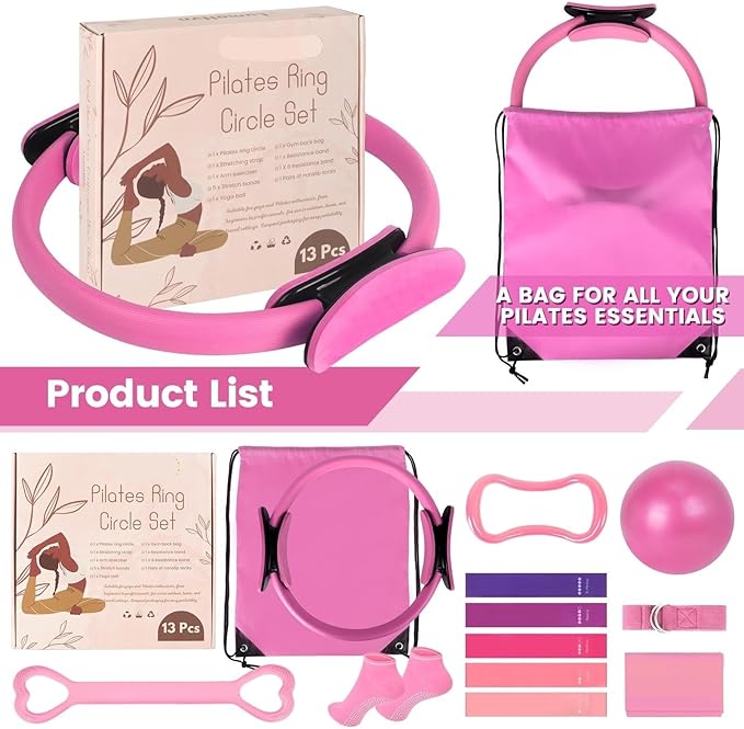 JITUIHOM Home Pilates Essentials Kit for Women - Complete Pink Equipment Set with 9 Inch Yoga Ball, Figure 8 Resistance Band, Bands & Accessories, Ring for Beginners Workouts