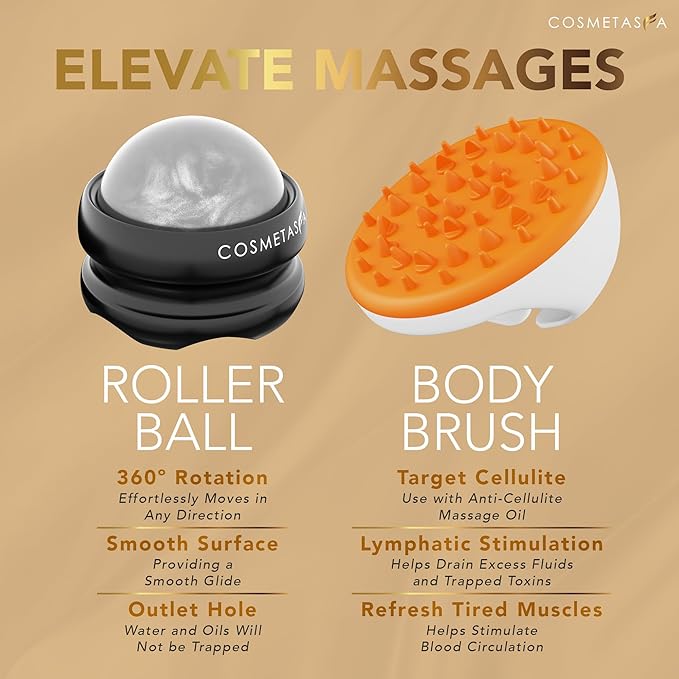 Cosmetasa Body Massage Oil Therapy Kit – Arnica & Lavender Oil for Relaxation and Sore Muscles – Includes Anti-Cellulite Oil, Roller Ball & Mitt for Firming Skin – Spa Gift Set for Women & Men