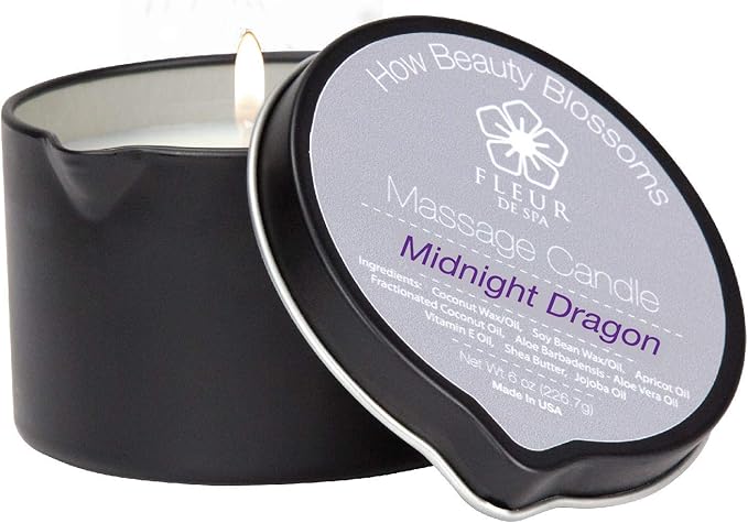 FLEUR DE SPA Massage Oil Candle – 6oz with Pour Spout – Made in USA – All Natural Coconut & Soy Blend – Melts to Warm, Alluring & Hydrating Body Oil – Perfect Spa & Gift Candle (Midnight Dragon)