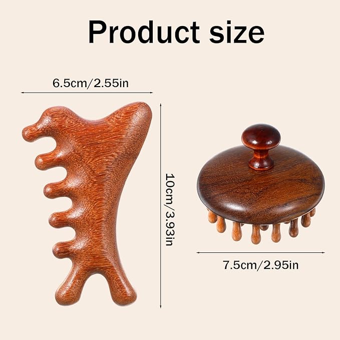 Wooden Scalp Massager Comb, 2 Pcs Sandalwood Scalp Massager Hair Growth Portable Manual Head Massage Tool Handheld Gua Sha Tool for Woman Men Wet Dry Hair Relaxation Body Head Scalps Care
