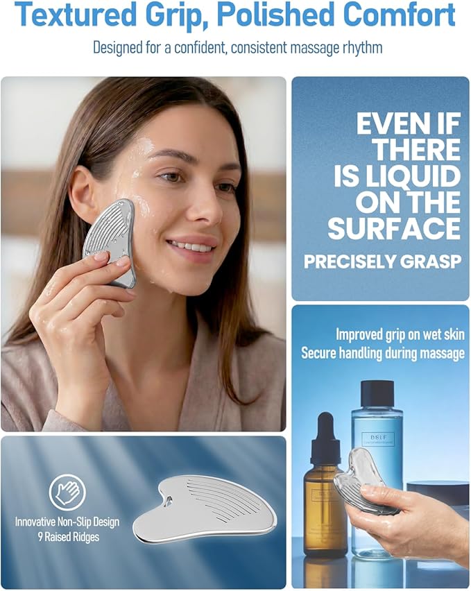 Amirce Non-Slip Grip Stainless Steel Gua Sha Tool for Face, Ribbed Facial Guasha Massage Tool, Cooling Metal Face Massager Scraper for Jawline Sculpting Cheeks & Chin Present for Women Moms
