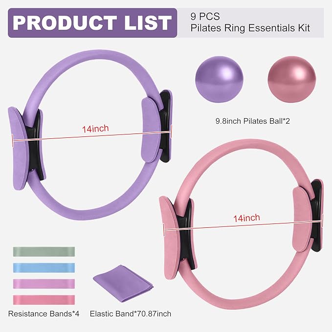 Home Pilates Kit for Women， Pilates Essentials Kit for Women，Pilates Equipment，14 Inch Fitness Circle, 9 Inch Yoga Ball 5 Resistance Bands for Beginners Home Workouts
