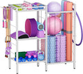 3 Tiers Dumbbells Yoga Mat Storage Rack with Elastic Straps for Kettlebells Foam Roller Resistance Bands Balls, Workout Equipment Organizer Weight Storage Holder with Hooks for Home Gym
