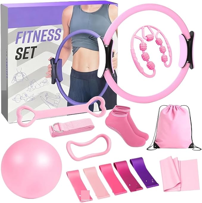 13 Piece Pilates Yoga Set for Women, Home Gym Workout Kit with Resistance Bands, Ankle Weights, Pilates Ring & Loop Bands, Toning Fitness Essentials Starter Accessories(Pink)