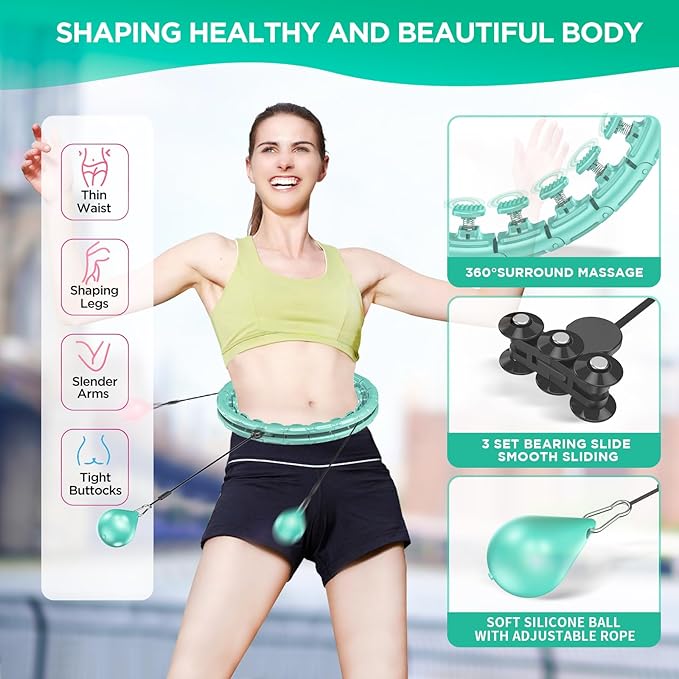Weighted Exercise Hoop Plus Size, 32 Detachable Knots for Adults & Beginners, 2 in 1 Abdomen Fitness Massage Non Fall Smart Hooola Hoop with Auto Spinning Ball