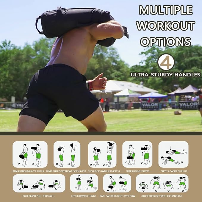 Workout Sandbag, Adjustable Weight Training Fitness Sand Bags with Multiple Handles and 3 Inner Sandbags for Heavy Duty Workout Cross Training Strength Weightlifting