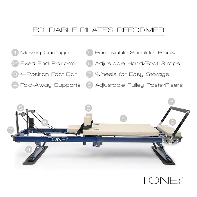 Tone Fitness Foldable Pilates Reformer – Portable Pilates Machine with Adjustable Resistance Bands, Smooth Glide Carriage & Full-Body at-Home Pilates Workout Equipment