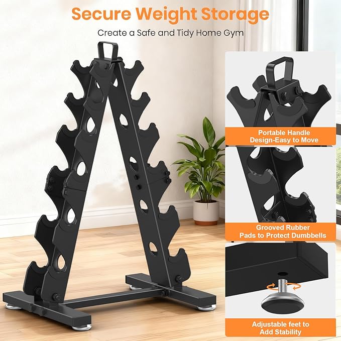 TomCare 6-Tier|5-Tier|4-Tier Dumbbell Rack Stand Only, Weight Rack for Home Gym Storage Stand for Weights Metal A-Frame Strength Training Dumbbell Holder with Handle (Dumbells not Included)