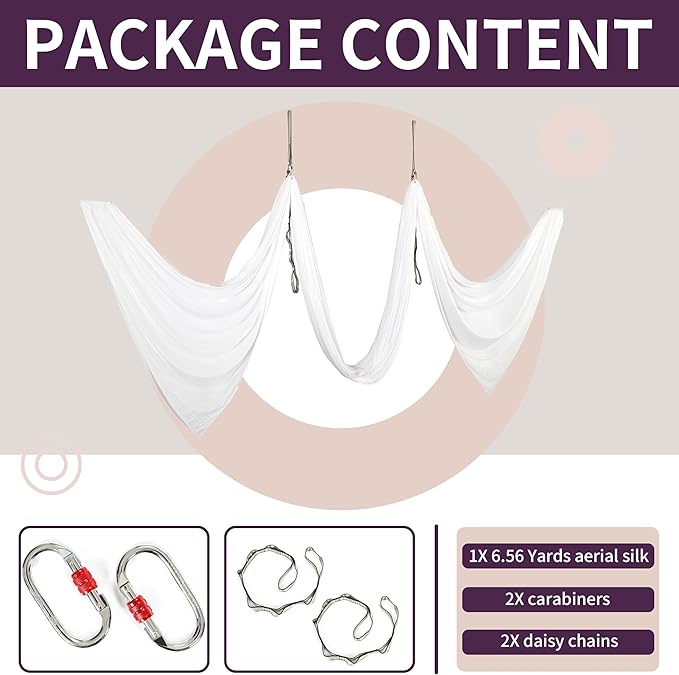 Kojem Aerial Silk Fabric Yoga Swing Kit For Fitness Yoga Inversions Flexibility Core Strength Dance White Nylon Fabric 6.6/13.1 Yards