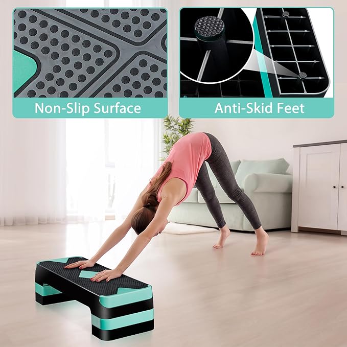 26.5 Inch Aerobic Exercise Step Platform for Home Gym, 4” 6” 8”Adjustable Risers for Step up Fitness Workout, Stepper Step Trainer, Green