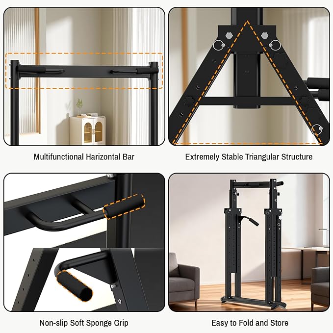 Foldable Power Tower Dip Station Pull Up Bar, Multifunction Triangular Structure Pull Up Station Home Gym Strength Training Workout Equipment