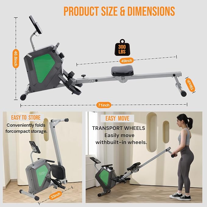 Magnetic Rowing Machine for Home, Quiet Foldable Rower with 8-Level Resistance, LCD Monitor & Tablet Holder, Full-Body Low-Impact Cardio Workout Equipment (SRM2000)