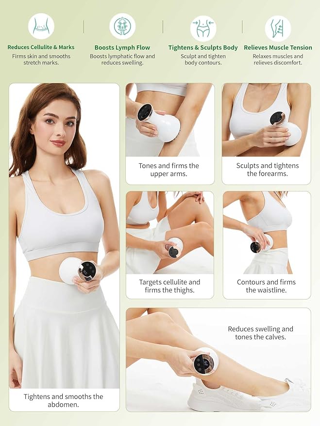 Lymphatic Drainage Massager & Anti Cellulite Massage Tool, for Legs, Arms & Belly, Body,Helps Reduce Stretch Marks & Cellulite,with Microcurrent, Light Heat & Vibration (White)