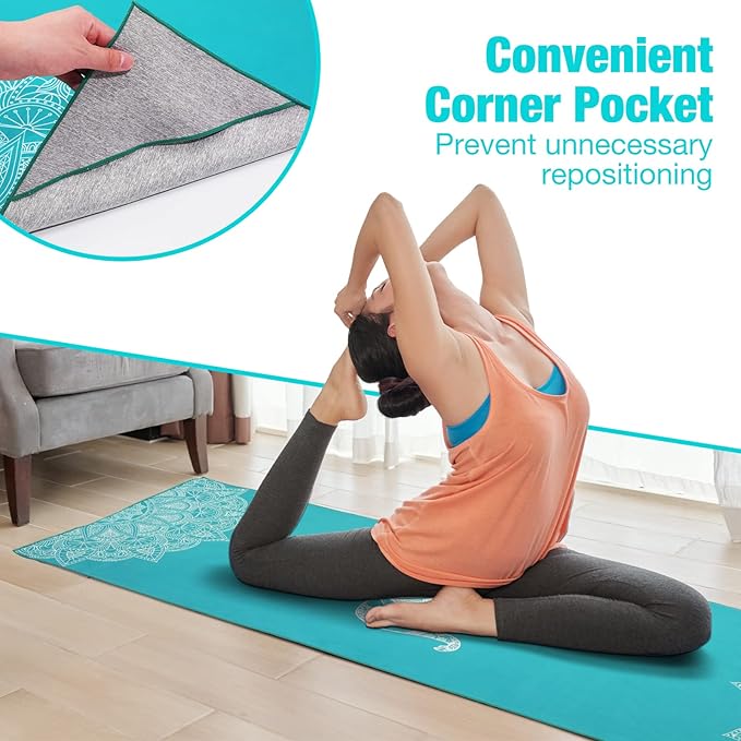 MoKo Hot Yoga Towel, Non-Slip Yoga Mat Towel with Grip Dots, 74.4"×27.3" Yoga Mat Cover for Pilates, Fitness, Meditation, Swimming Pool, Beach, Travel Yoga Mat with Corner Pockets