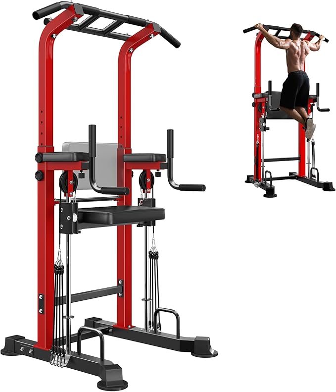soges Power Tower Dip Station with Assisted Pad, Height Adjustable Pull Up Bar Station Free Standing for Home Gym, Multi-Function Strength Training Full Body Workout Equipment, Red