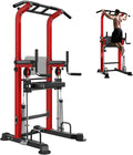 soges Power Tower Dip Station with Assisted Pad, Height Adjustable Pull Up Bar Station Free Standing for Home Gym, Multi-Function Strength Training Full Body Workout Equipment, Red