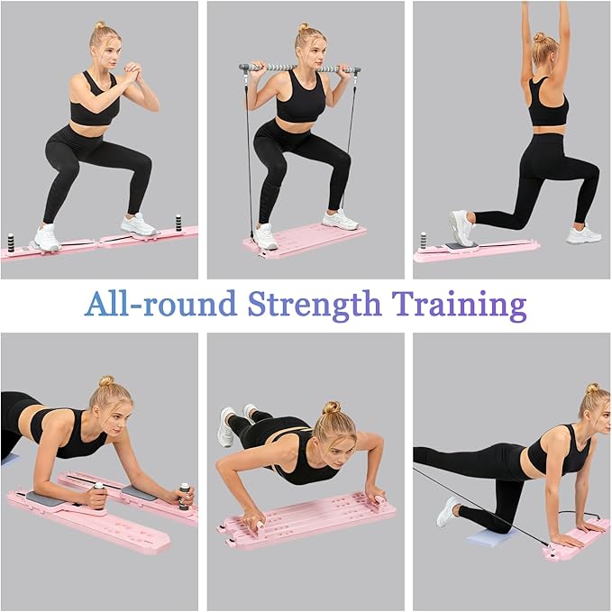 Pilates Reformer Board, 12-in-1 Portable Pilates Board for Home Workout, Core & Abs Toning, Full Body Sculpting Equipment, Pink / White