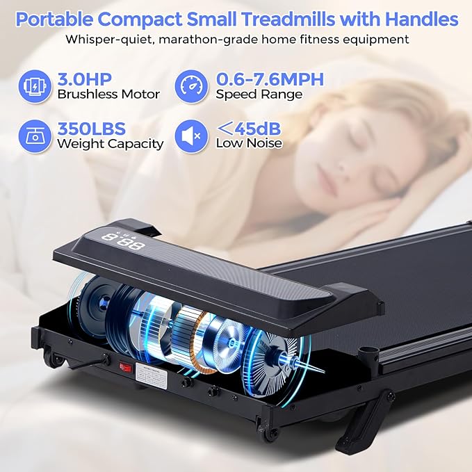 Electric Treadmills for Home with Incline, Walking Pad Treadmill with Handle Bar, 0.6-7.6MPH Portable Small Treadmills with Handles for Home Small Spaces, 3.0HP Walking Pad with Incline and 350LBS