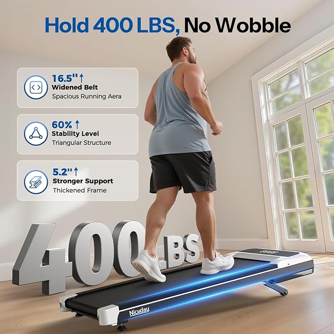 Niceday Walking Pad Treadmill with 10% Auto Incline, 400lbs Capacity, Under Desk Treadmill for Home Office, 16.5" Widened Running Belt, 3HP Super Quiet Brushless, Magnetic Remote & Preset Goals