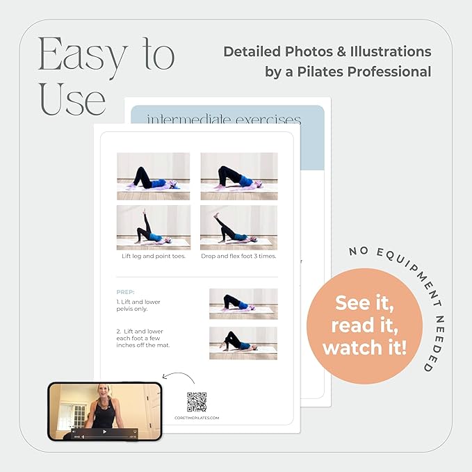 52 Pilates Cards - 40 exercises with Pilates Instructor- Mat Pilates workout cards - Detailed photos and video Instructions - Do Pilates at Home- No equipment needed.