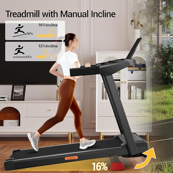16% Incline Treadmill with Handle, 3-in-1 Portable Treadmills for Home and Office, Foldable Treadmills with 300 Lbs Weight Capacity, 3.0HP Quiet Walking Pad Treadmill, Three Screen