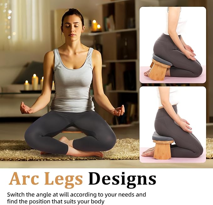 Meditation Bench, Folding Meditation Chair with Cushion, Bamboo Meditation Stool with Anti-Slip Mat, Adjustable Yoga Stool with Curved Bottom Edges, Prayer Bench