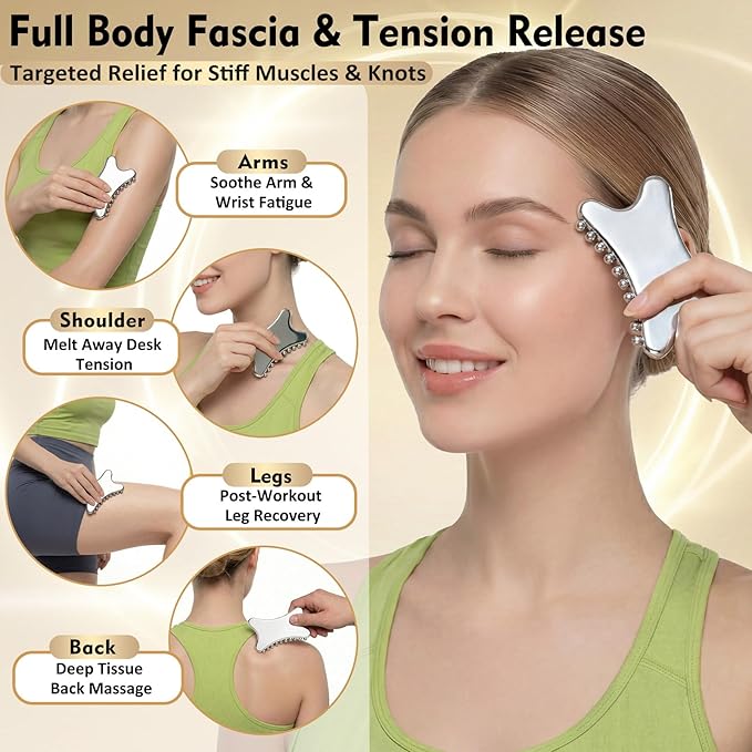 Stainless Steel Gua Sha & Muscle Scraper Tool Set – 2-in-1 Manual Deep Tissue Body Massager with Acupressure Pen – Ergonomic Handheld Tool for Myofascial Release, Trigger Points & Mobility