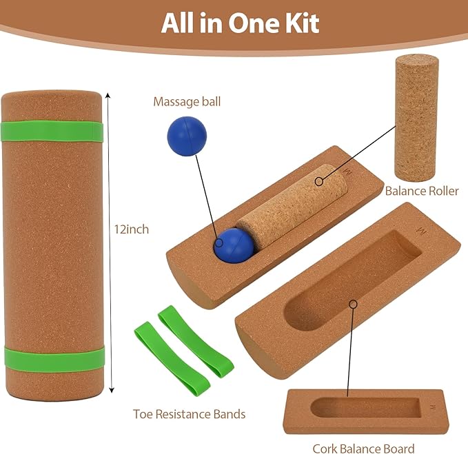 Cork Balance Board, Natural Cork Ankle Stability Trainer Kit, 4-in-1 Foot Strengthener for Enhanced Foot Strength, Prevent Falls, Balance Trainer