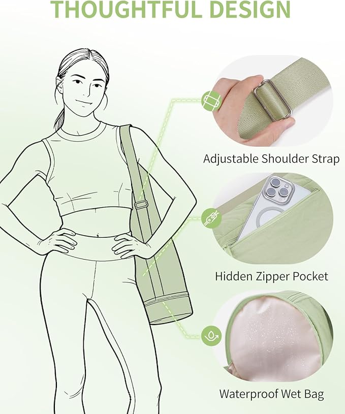 sportsnew Puffy Yoga Mat Bag Yoga Gym Bags for Women Men, Full-Zip Pilates Bag with Wet Pocket & Side Zip Drawstring Pocket Fits Tumblers with Handle, Yoga Mat Storage for Carrier Quick Access